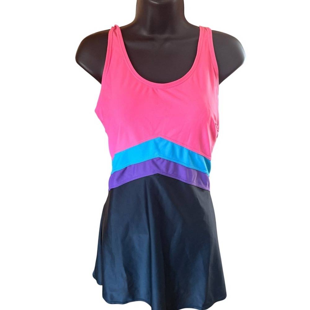 Blair Women's Swim Dress Size 14 Colorblock Pink Blue Purple Black Tummy Control